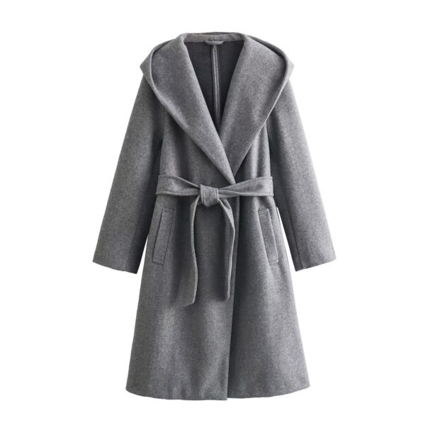 Women's Lace-up Waist Elegant Hooded Woolen Coat - Image 3