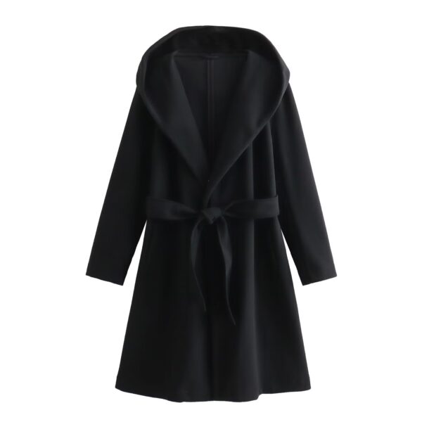 Women's Lace-up Waist Elegant Hooded Woolen Coat - Image 8