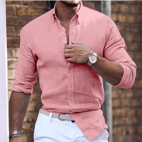 Cotton Linen Long Sleeve Shirt Solid Color Polo Collar Casual Style Shirt - Image 8