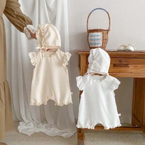 Baby Girl Waffle Lace Jumpsuit Hooded Romper