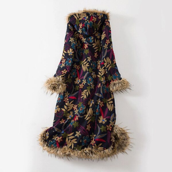 Women's Ethnic Style Cotton Linen Literary Over-the-Knee Fur Collar Hooded Padded Jacket - Image 5
