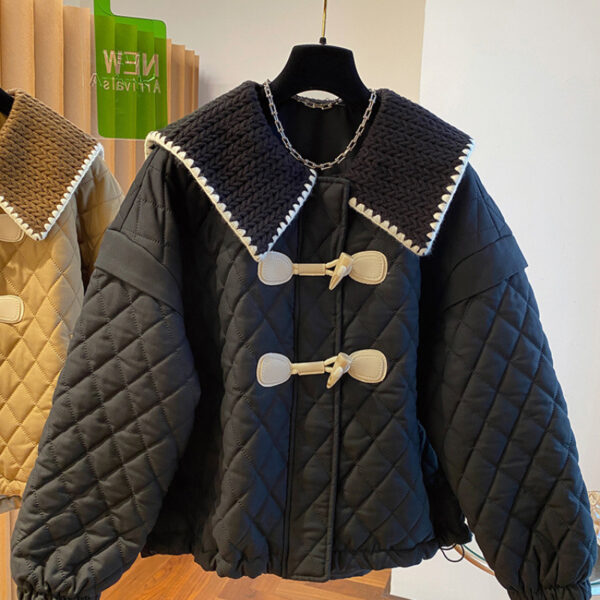 Women's High Angle Button Loose Knit Spliced Cotton Jacket - Image 5