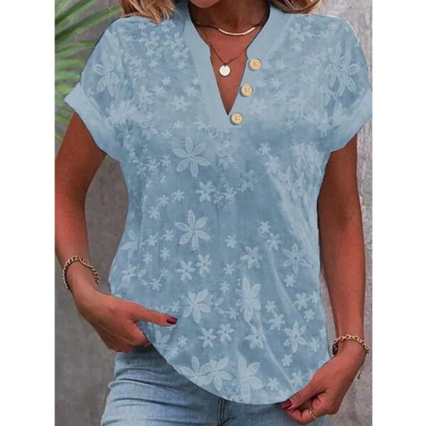 Women's Embroidered V-neck Short Sleeve Button Shirt - Image 2