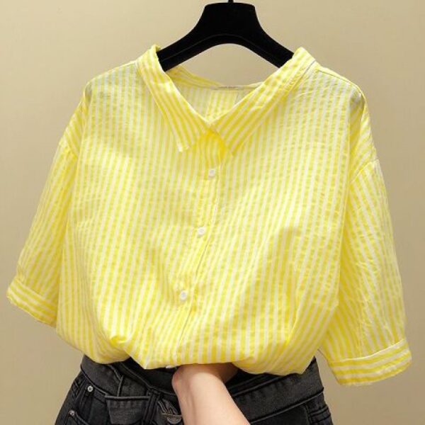Women's Fashion Casual V-neck Half Sleeve Vertical Striped Shirt - Image 5