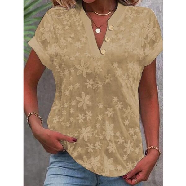 Women's Embroidered V-neck Short Sleeve Button Shirt - Image 4