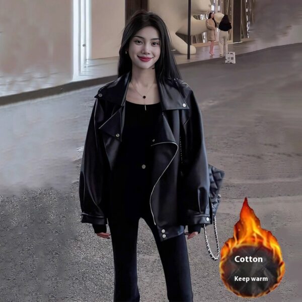 Casual Loose Small Plus Size Black Leather Coat - Image 5