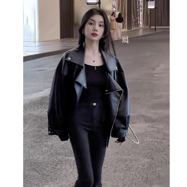 Casual Loose Small Plus Size Black Leather Coat - Image 4