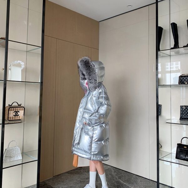 Women's Long Pink Glossy Fur Collar Winter High-end Down Jacket - Image 5