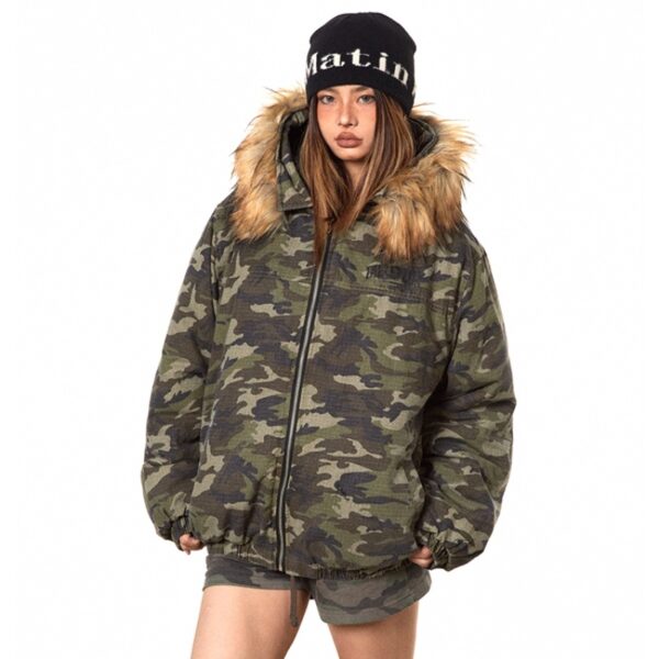 American Retro Heavy Big Fur Collar Hooded Camouflage Cotton Jacket - Image 6