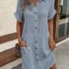 Summer Short Sleeve Shirt Dress Fashion Solid Color Single-breasted Mid-length Loose Dress - Image 5