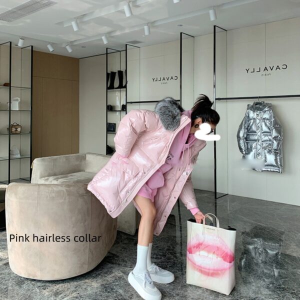 Women's Long Pink Glossy Fur Collar Winter High-end Down Jacket - Image 4