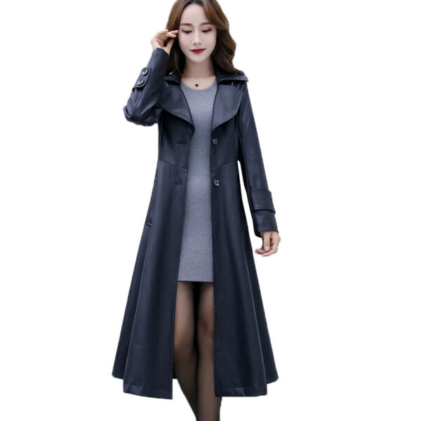 Large Size Women's Leather Coat 200 Catties Fat Mm Slim Long Windbreaker - Image 2