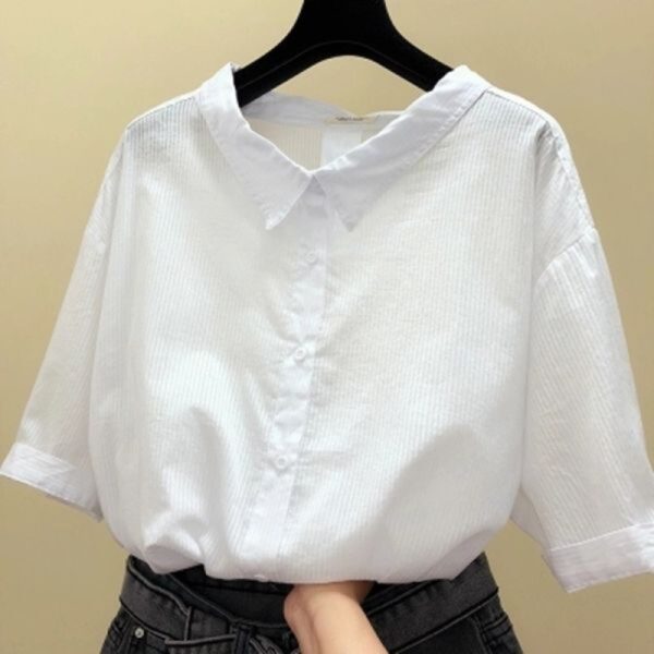 Women's Fashion Casual V-neck Half Sleeve Vertical Striped Shirt - Image 3