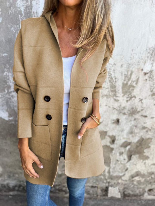 Solid Color Hooded Casual Button Trench Coat - Image 8
