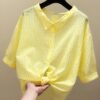 Women's Fashion Casual V-neck Half Sleeve Vertical Striped Shirt - Image 4