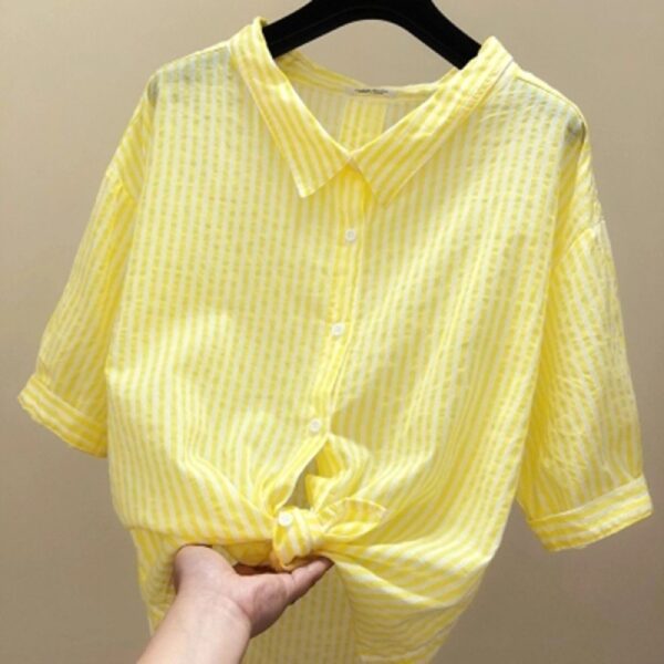 Women's Fashion Casual V-neck Half Sleeve Vertical Striped Shirt - Image 4