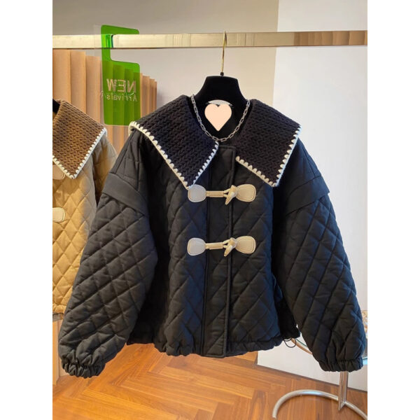 Women's High Angle Button Loose Knit Spliced Cotton Jacket - Image 6