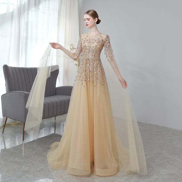 Gold High End Flying Sleeve Long Evening Dress - Image 3