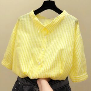 Women's Fashion Casual V-neck Half Sleeve Vertical Striped Shirt