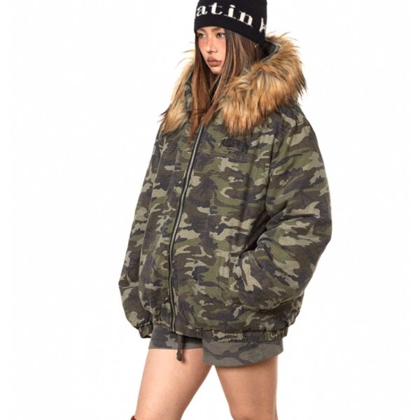 American Retro Heavy Big Fur Collar Hooded Camouflage Cotton Jacket - Image 4