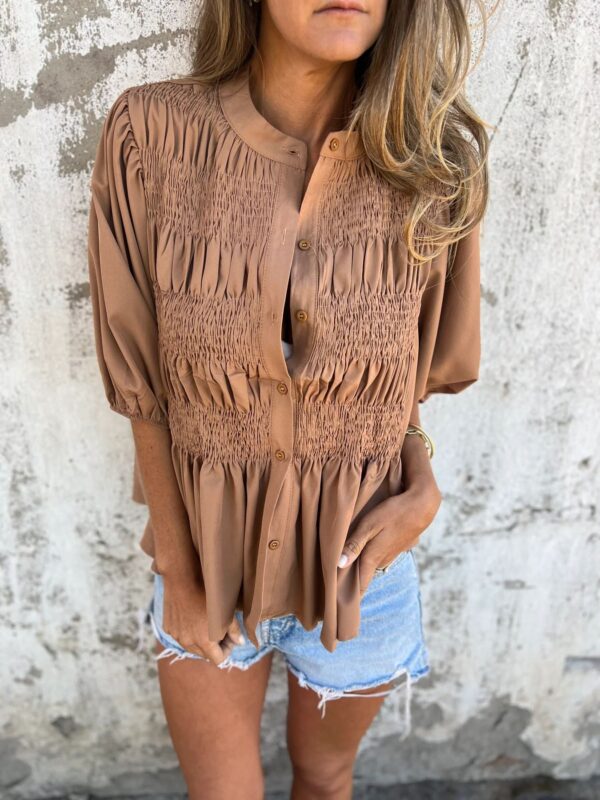 Pleated Button Short-sleeved T-shirt Casual Fashion Loose Solid Color Round Neck Shirt Summer Tops Women's Clothing - Image 9
