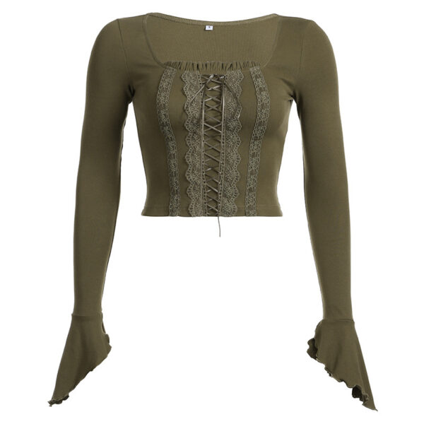 Vintage Lace Stitching Lace-up Waist-controlled Square Collar Basic All-matching Bell Sleeve Outer Wear Short Top - Image 10
