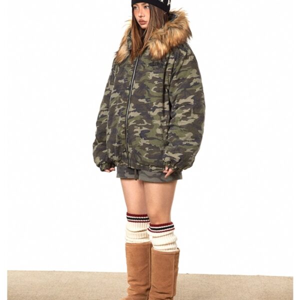 American Retro Heavy Big Fur Collar Hooded Camouflage Cotton Jacket - Image 2