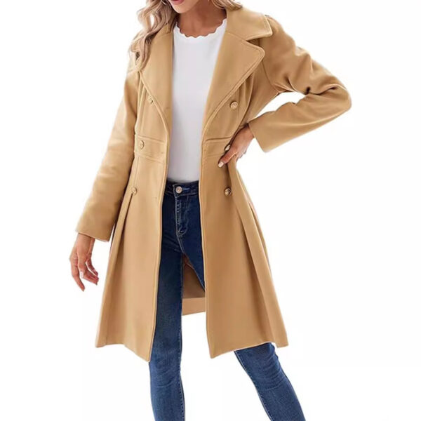 Women's Windbreaker Lapel Double Breasted Pocket A- Line Pea Coat - Image 2