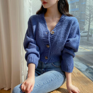 Solid Collar Knitted Cardigan Sweater