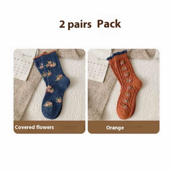 Vintage Small Flower Wool Socks Fleece Lined Padded Warm Keeping Tube Socks - Image 5