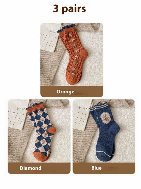 Vintage Small Flower Wool Socks Fleece Lined Padded Warm Keeping Tube Socks - Image 9