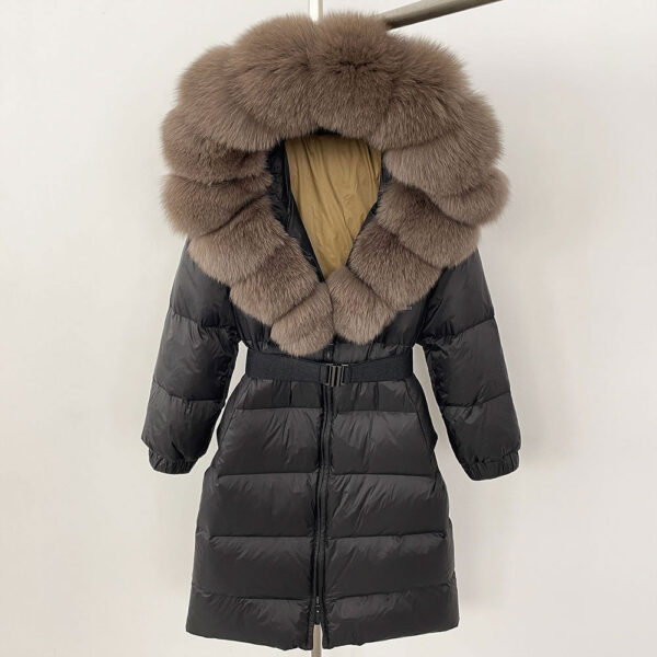 Women's Long Cinched Hoodie Real Fox Fur Collar Coat - Image 7