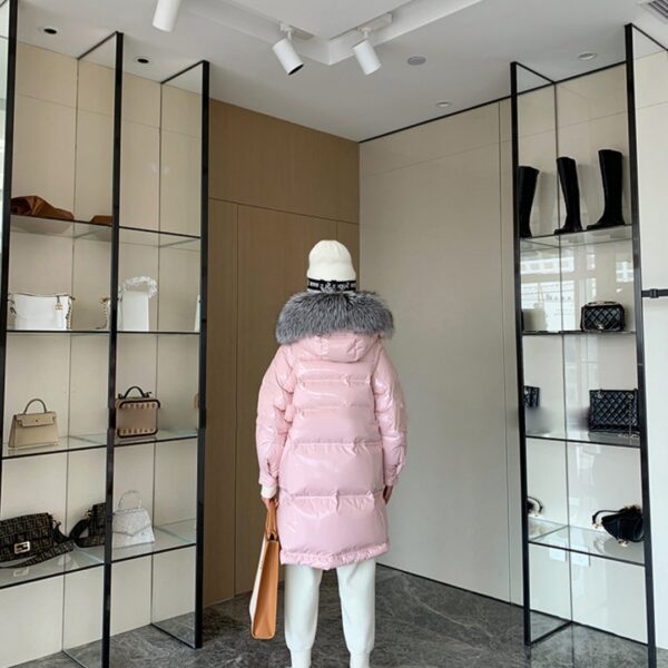 Women's Long Pink Glossy Fur Collar Winter High-end Down Jacket - Image 6