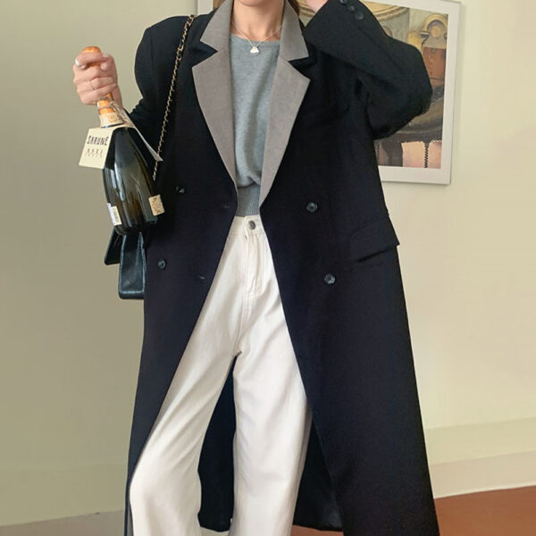 Temperament Simple Contrast Lapel Double Breasted Jacket - Image 2