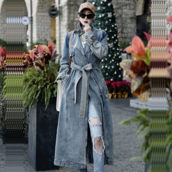 Personality Retro Long Denim Trench Coat - Image 3