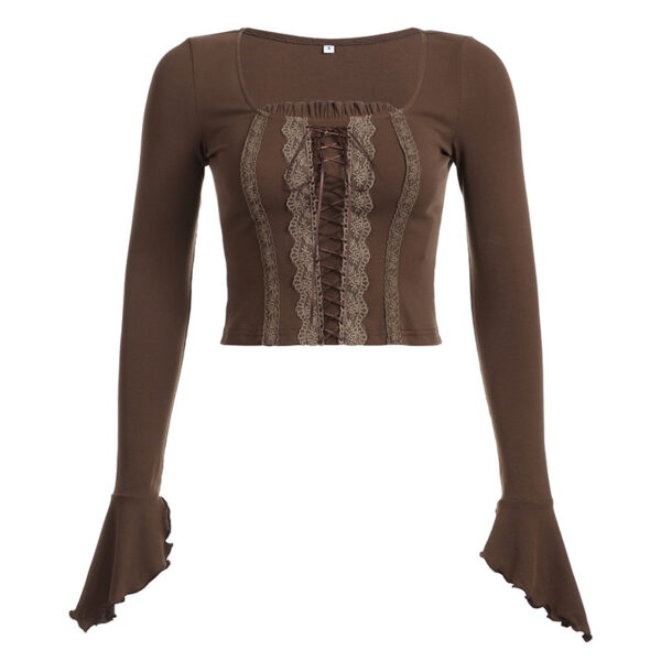 Vintage Lace Stitching Lace-up Waist-controlled Square Collar Basic All-matching Bell Sleeve Outer Wear Short Top - Image 5