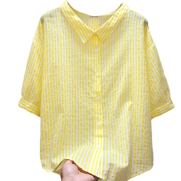 Women's Fashion Casual V-neck Half Sleeve Vertical Striped Shirt - Image 7