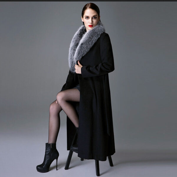 Real Fox Fur Collar Wool Overcoat Super Long Waist - Image 3