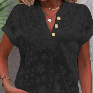 Women's Embroidered V-neck Short Sleeve Button Shirt