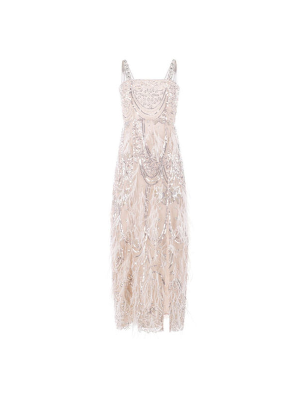 Feathered Diamond Heavy Embroidery Halter Dress Long - Image 4