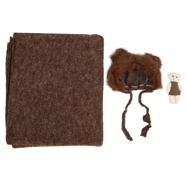 3Pcs Baby Photography Props Hat Blanket Wrap Toy Set Costume Clothes for Newborn InfantCoffee - Image 9