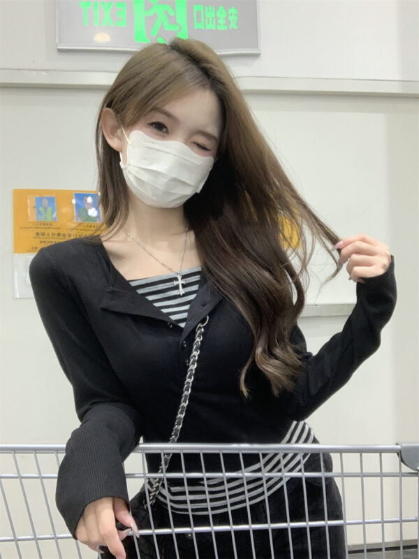 Slim-fit Contrast Colors Striped Patchwork Top Women - Image 2