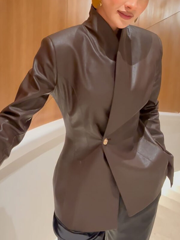 Brown Leather Wrap Jacket - Image 3
