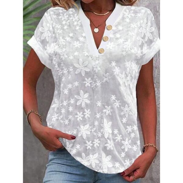 Women's Embroidered V-neck Short Sleeve Button Shirt - Image 3