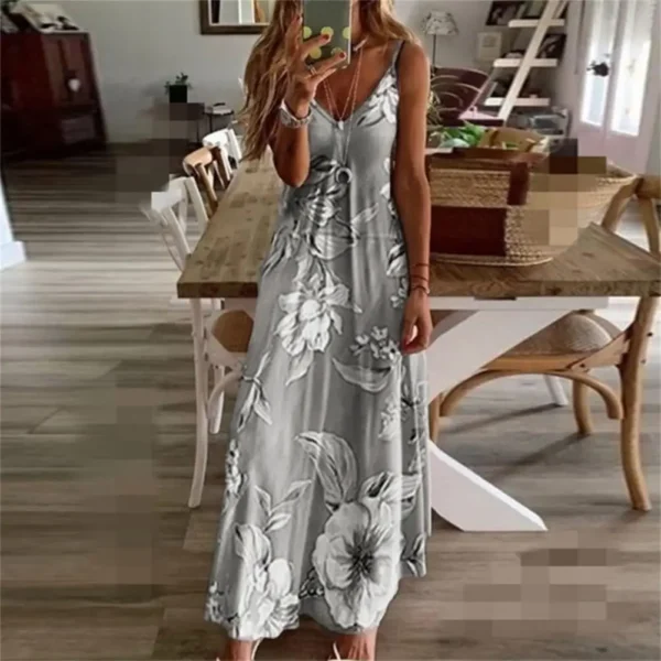 2023 Summer Plus Size Women's Sexy Dress V Neck Retro Solid Color Flower Loose Slim Suspender Women's Beach Long Dress