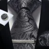 Mens Tie Set Silk Silver Paisley Floral Necktie and Pocket Square Cufflinks Tie Clip Classic Formal Ties for Men Wedding Party