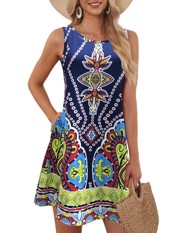 Summer Women's Sleeveless Plus Size 5XL Women's Long Skirt Boho Round Geometric Print Fashionable and Comfortable Tank Top Dress - Image 3
