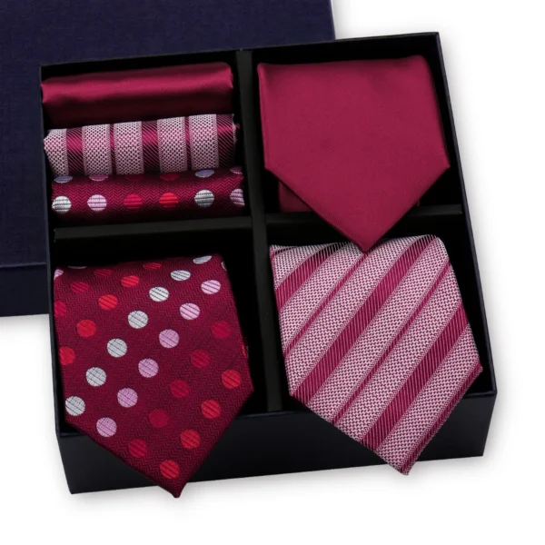 2024 New Men's Gift Box Ties Fashion Burgundy Cashew Printing Bussiness Stripe Neckties Pocket Squre 3 Sets Of Combination Set - Image 5