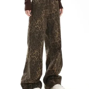 Tan Leopard Jeans Women Denim Pants Female Oversize Wide Leg Trousers Streetwear Hip Hop Vintage Clothes Loose Casual