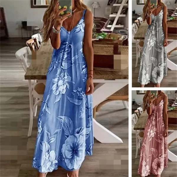 2023 Summer Plus Size Women's Sexy Dress V Neck Retro Solid Color Flower Loose Slim Suspender Women's Beach Long Dress - Image 5